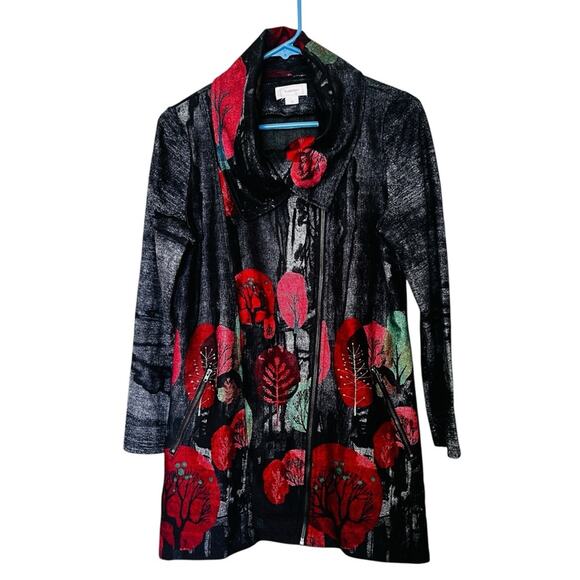 Artistic Navy Blue Red Tree Print Cowl Neck Jacket size small - Picture 1 of 12